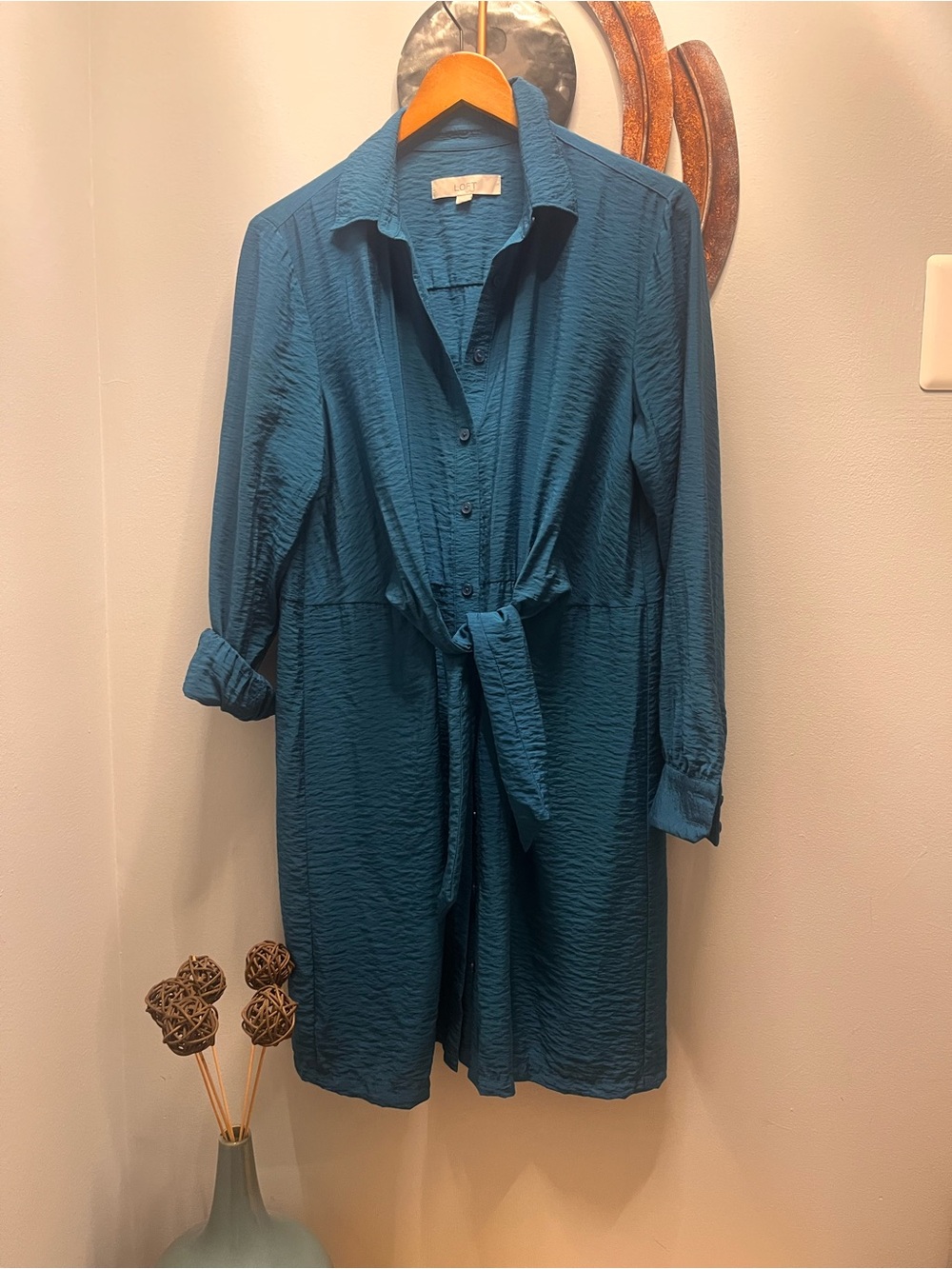 LOFT Teal Textured Tie-Front Long Sleeve Dress 6 - Picture 4 of 15